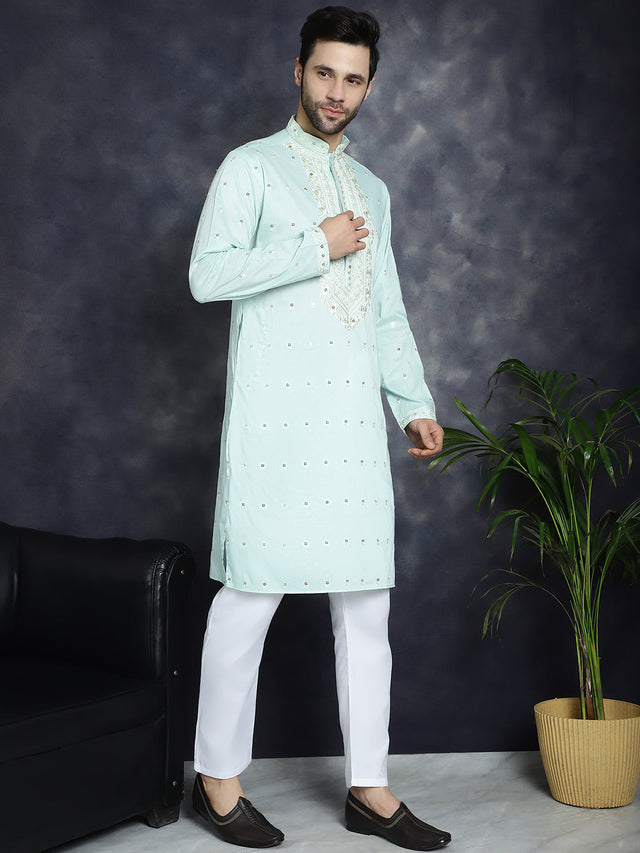 Men's Sky Chikankari Embroidered Kurta
