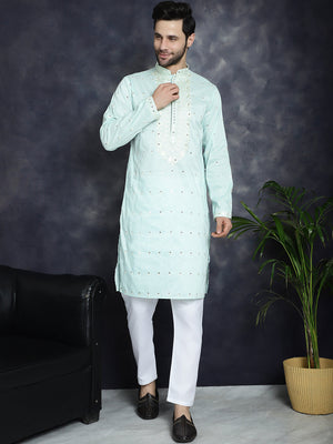 Men's Sky Chikankari Embroidered Kurta