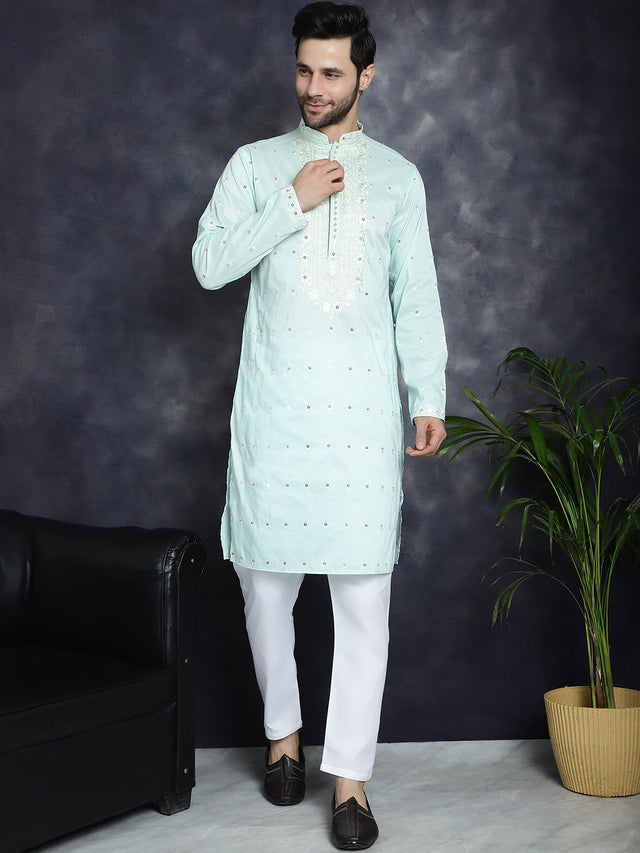 Men's Sky Chikankari Embroidered Kurta