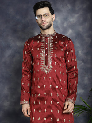 Men's Maroon Chikankari Embroidered Kurta