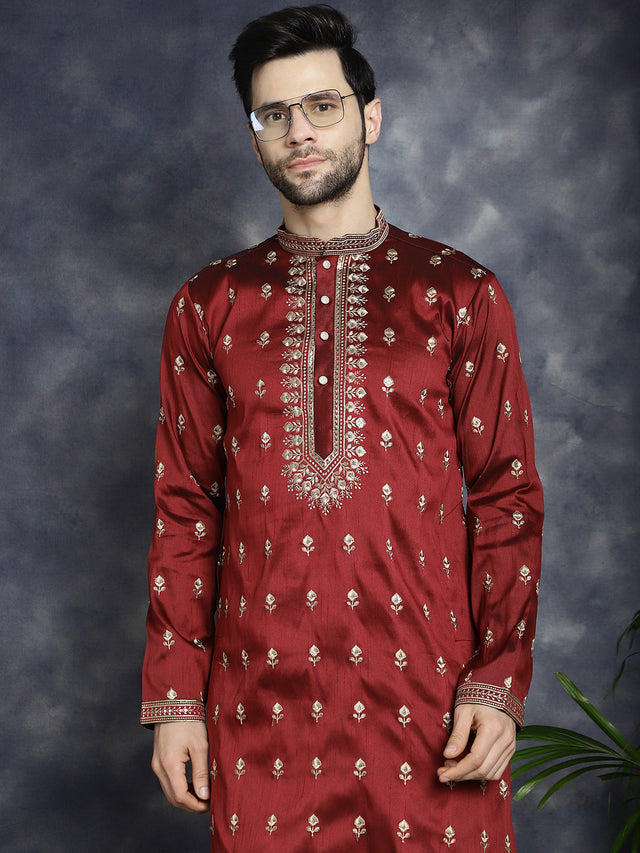 Men's Maroon Chikankari Embroidered Kurta