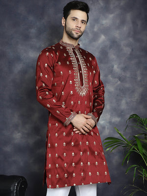 Men's Maroon Chikankari Embroidered Kurta