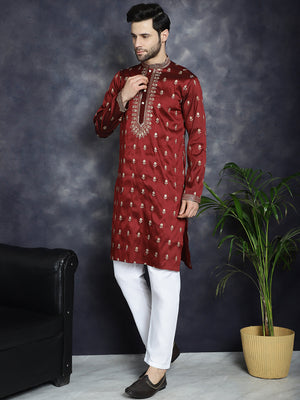 Men's Maroon Chikankari Embroidered Kurta