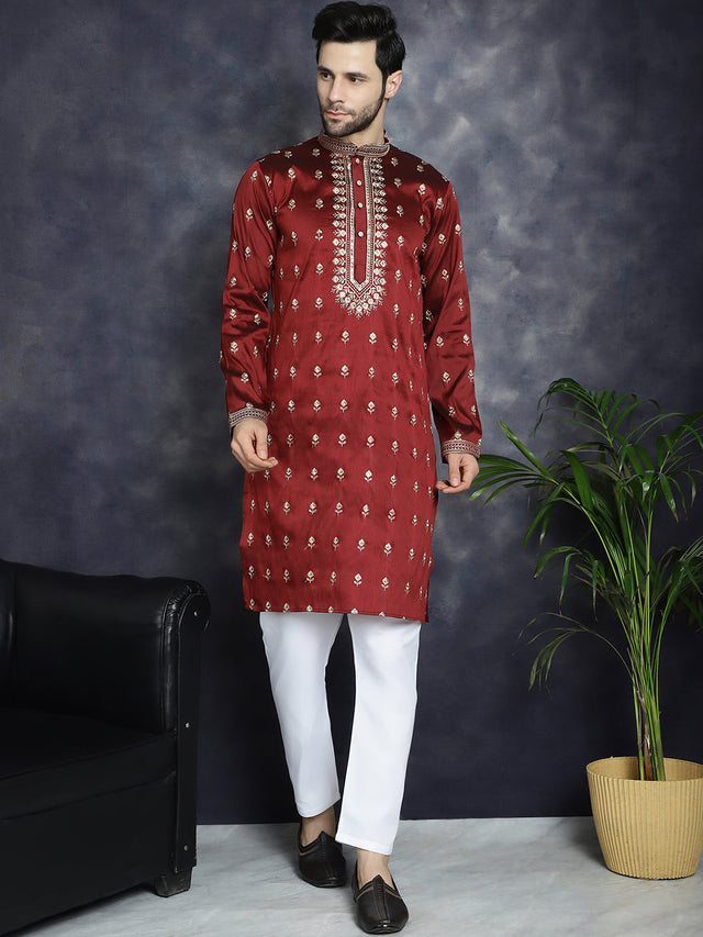Men's Maroon Chikankari Embroidered Kurta