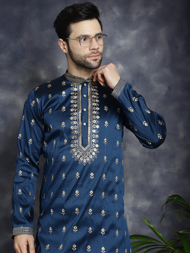 Men's Navy Blue Chikankari Embroidered Kurta