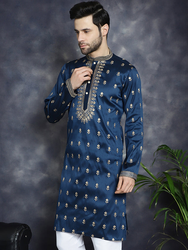 Men's Navy Blue Chikankari Embroidered Kurta