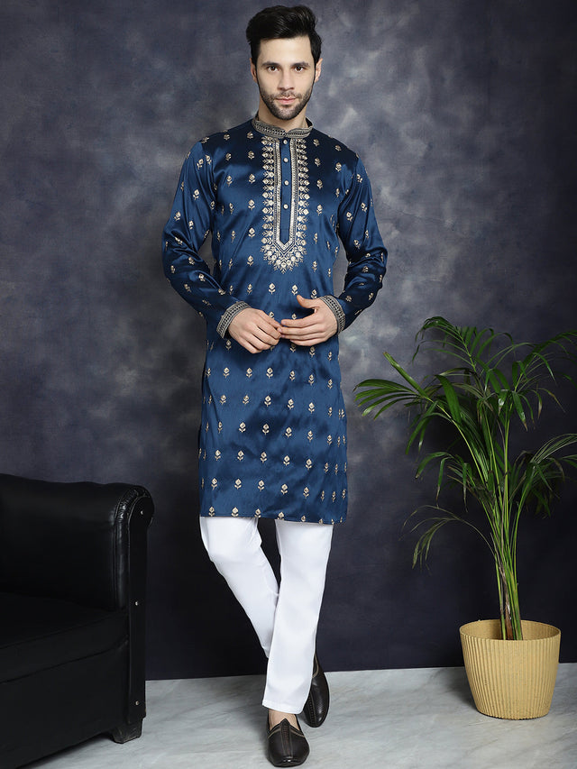 Men's Navy Blue Chikankari Embroidered Kurta