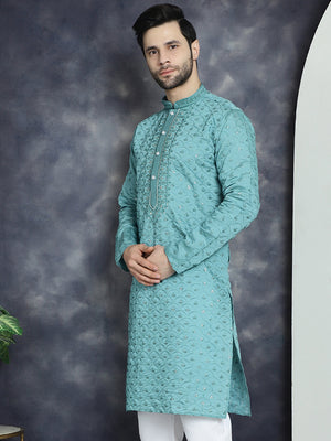Men's Blue Sequins Embroidered Kurta