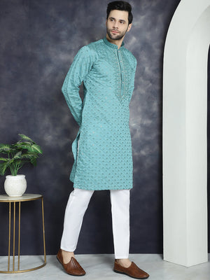 Men's Blue Sequins Embroidered Kurta