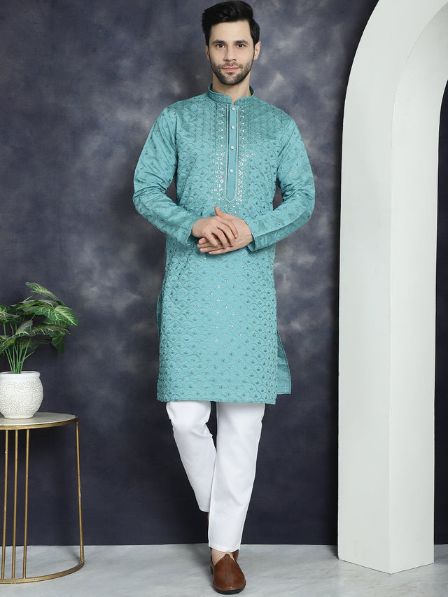 Men's Blue Sequins Embroidered Kurta