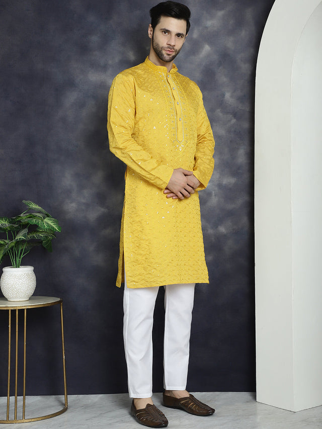 Men's Mustard Sequins Embroidered Kurta (KO_5044Mustard)