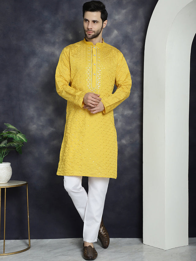 Men's Mustard Sequins Embroidered Kurta (KO_5044Mustard)
