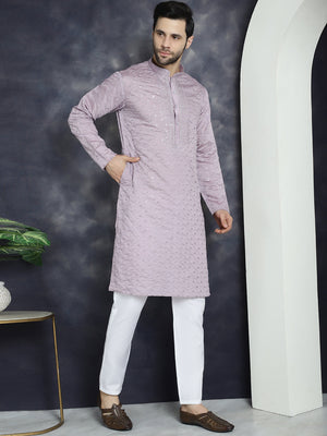 Men's Purple Sequins Embroidered Kurta