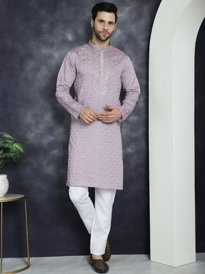 Men's Purple Sequins Embroidered Kurta