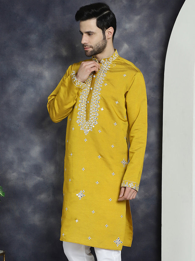 Men's Mustard Embroidered Kurta