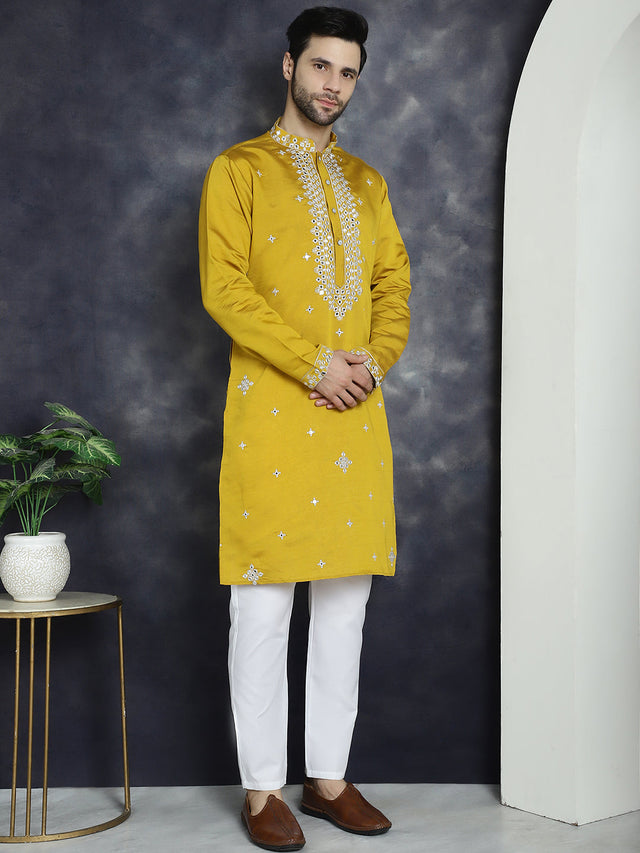 Men's Mustard Embroidered Kurta