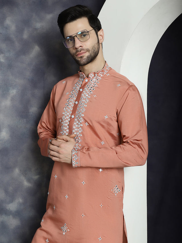 Men's Peach Embroidered Kurta