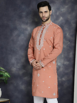 Men's Peach Embroidered Kurta