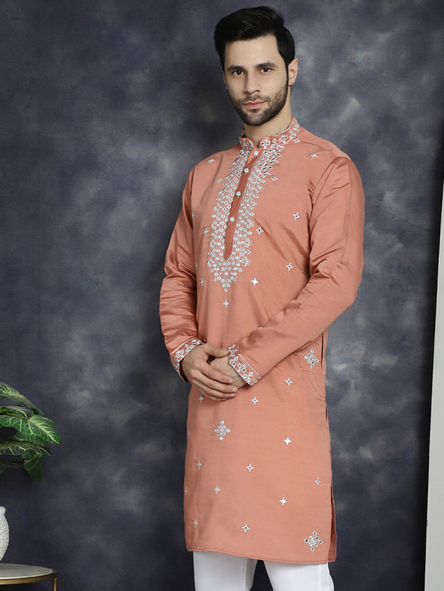 Men's Peach Embroidered Kurta