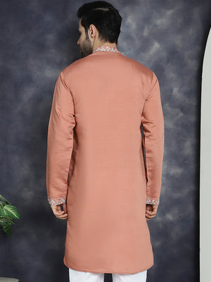 Men's Peach Embroidered Kurta