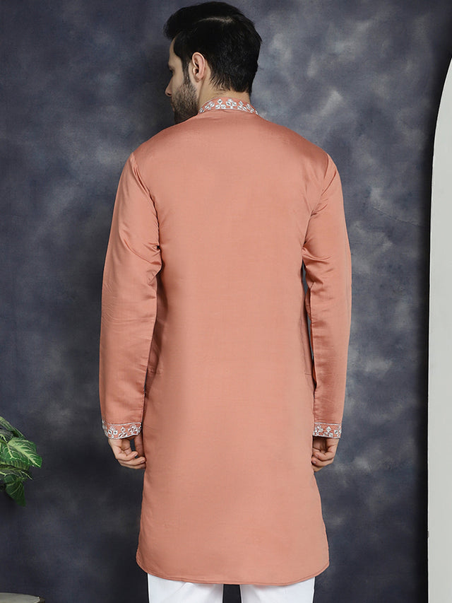 Men's Peach Embroidered Kurta