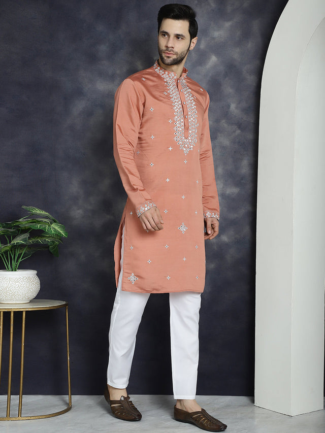 Men's Peach Embroidered Kurta