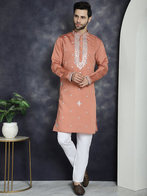 Men's Peach Embroidered Kurta