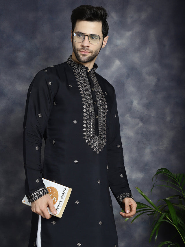 Men's Black Sequins Embroidered Kurta