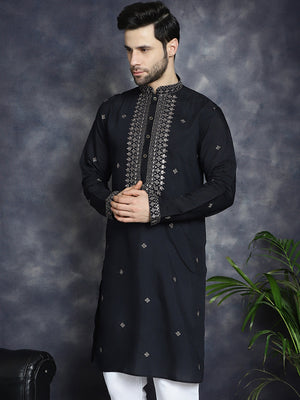 Men's Black Sequins Embroidered Kurta