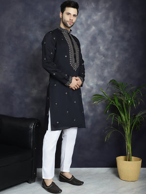 Men's Black Sequins Embroidered Kurta