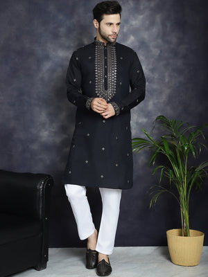 Men's Black Sequins Embroidered Kurta