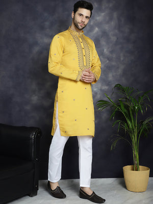 Men's Yellow Sequins Embroidered Kurta