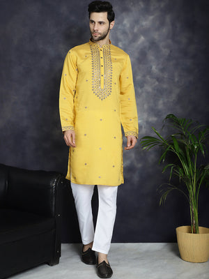 Men's Yellow Sequins Embroidered Kurta