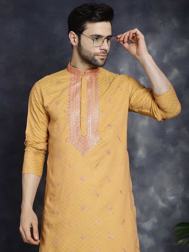 Men's Orange Sequins Embroidered Kurta