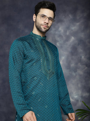 Men's Teal Sequins Embroidered Kurta