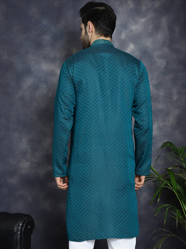 Men's Teal Sequins Embroidered Kurta