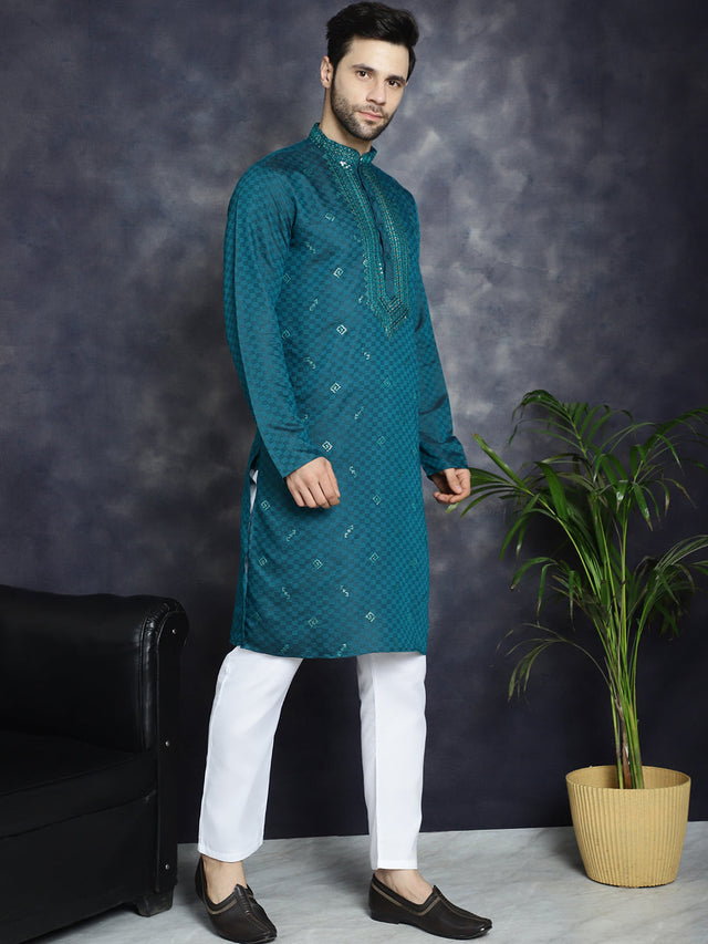 Men's Teal Sequins Embroidered Kurta