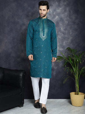 Men's Teal Sequins Embroidered Kurta