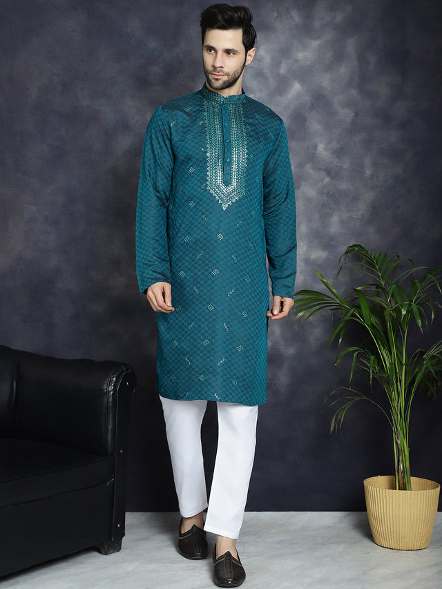 Men's Teal Sequins Embroidered Kurta