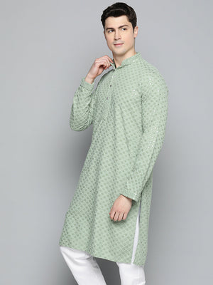 Men's Pista Green Chikankari Embroidered And Sequin Kurta
