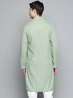 Men's Pista Green Chikankari Embroidered And Sequin Kurta
