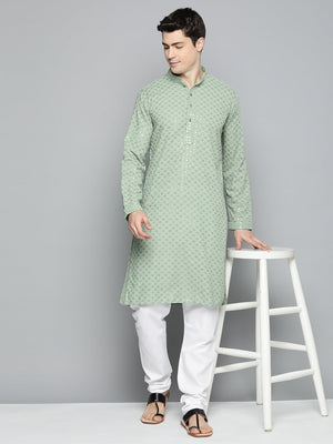 Men's Pista Green Chikankari Embroidered And Sequin Kurta
