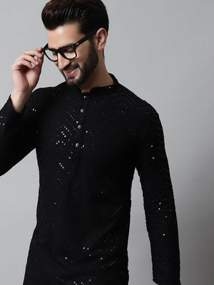 Men's Black Embroidered Sequined Kurta