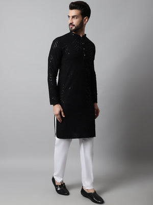 Men's Black Embroidered Sequined Kurta