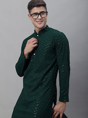 Men's Olive Green Embroidered Sequined Kurta