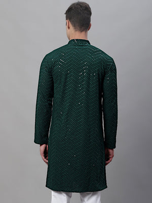 Men's Olive Green Embroidered Sequined Kurta