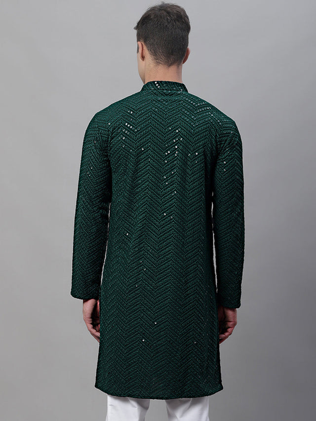 Men's Olive Green Embroidered Sequined Kurta