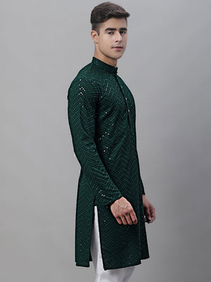 Men's Olive Green Embroidered Sequined Kurta