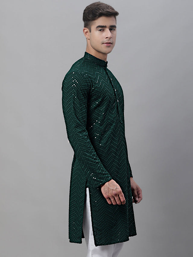 Men's Olive Green Embroidered Sequined Kurta