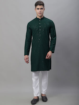 Men's Olive Green Embroidered Sequined Kurta